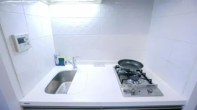 a small kitchen with a sink and a stove at \u5927\u4e45\u4fdd\u99c5\u5f92\u6b693\u5206 \u591a\u56fd\u7c4d\u30b0\u30eb\u30e1\u5929\u56fd \u65b0\u5bbf\u30b7\u30e7\u30c3\u30d4\u30f3\u30b0\u62e0\u70b9 Bo14 in Tokyo