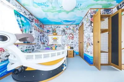 a childrens room with a pirate ship mural at Live the Anime Dream! Unique Themed Guest House for Families & Groups in Tokyo in Tokyo