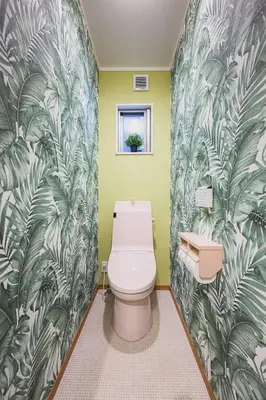 a bathroom with a toilet and a green wall at Skytree View Rooftop Villa Asakusa SVRVA in Tokyo