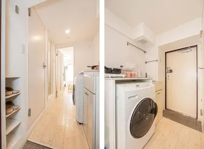 two images of a laundry room with a washer and dryer at Japan House Shirokane in Tokyo