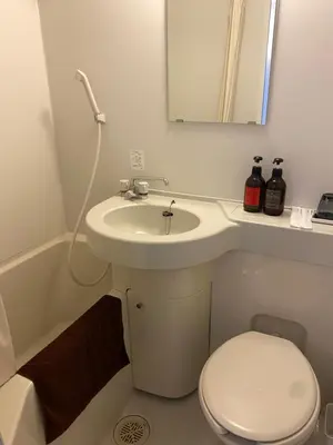 a bathroom with a sink and a toilet and a mirror at Omori Happy Smile Hotel in Tokyo