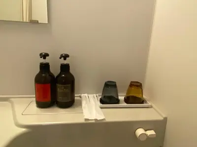 two bottles are sitting on the back of a toilet at Omori Happy Smile Hotel in Tokyo