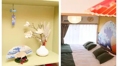two pictures of a bedroom with a bed and a vase with flowers at 1Transfer at Shibuya 5min Walk from Shin-Koiwa Stn Direct Narita Easy Access Disney CVS 30s \u6e0b\u8c37\u4e57\u63db1\u56de\u99c5 \u5f92\u6b695\u5206 \u30b3\u30f3\u30d3\u30cb\u5f92\u6b6930\u79d2 \u6210\u7530\u7a7a\u6e2f\u307e\u3067\u76f4\u901a \u30c7\u30a3\u30ba\u30cb\u30fc\u30ea\u30be\u30fc\u30c8\u307e\u3067\u30a2\u30af\u30bb\u30b9\u629c\u7fa4 in Tokyo