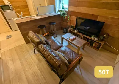 a living room with a leather couch and a television at Westside Shinjuku-Gyoen 507 in Tokyo