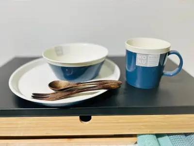 a table with two cups and a plate and a spoon at Etoile Kagurazaka-Queen Room near Shinjuku, Self Check-in in Tokyo