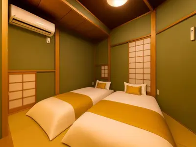 two beds in a room with green walls at Shibuya Sta 10min walk Kingbed VR Switch Wi-Fi in Tokyo