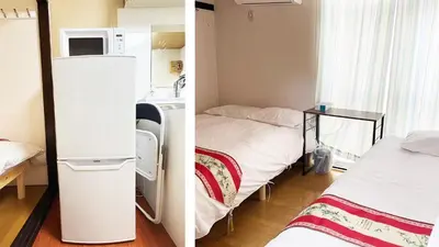 two photos of a room with two beds and a refrigerator at Espoir - Vacation STAY 42518v in Tokyo