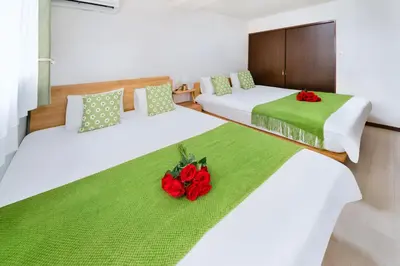 two beds in a room with red roses on them at Room 303, a 6-minute walk from Tokyo Koiwa Station Direct connected to Shinjuku and Akihabara Stations Comfortable one-bedroom apartment with separate wet and dry areas in Tokyo