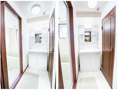 a bathroom with two sinks and two mirrors at Room 303, a 6-minute walk from Tokyo Koiwa Station Direct connected to Shinjuku and Akihabara Stations Comfortable one-bedroom apartment with separate wet and dry areas in Tokyo
