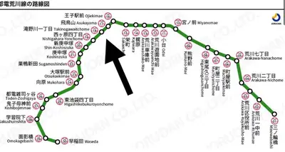 a map of a subway line at Tokyo Kita-ku B&B, 201, four stations with convenient transportation, 3 km from Chinatown Ikebukuro in Tokyo
