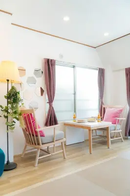a living room with a table and chairs and a desk at Tokyo Tower Area 301 Tamachi & Mita Walk Balcony Stay in Tokyo