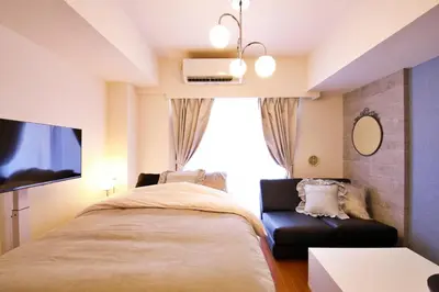 a bedroom with a bed and a couch and a tv at Gaia Shinjuku 503 in Tokyo