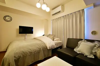 a bedroom with a bed and a couch and a tv at Gaia Shinjuku 503 in Tokyo