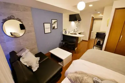 a bedroom with a bed and a mirror and a sink at Gaia Shinjuku 503 in Tokyo