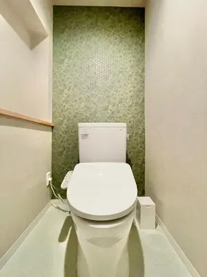 a white toilet in a bathroom with a green wall at Hotel Kototoi Juku HAKU in Tokyo