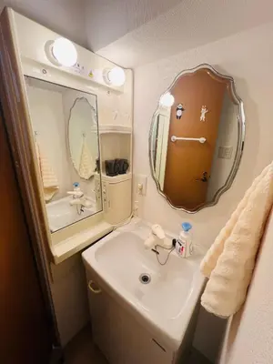 a small bathroom with a sink and a mirror at Tokyo Ami House in Tokyo