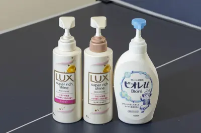 three bottles of cleaning products sitting on a counter at Spacious Private Hotel Floor for up to 16 Guests about 10 minute walk from JR Ryogoku Station HOTEL Musashi Tokyo Ryogoku in Tokyo