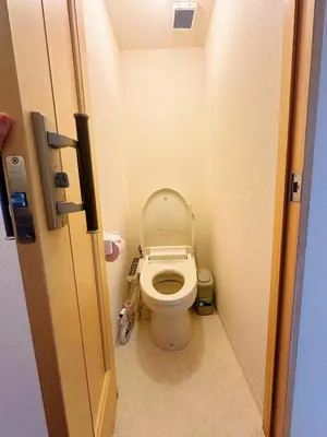 a bathroom with a toilet in a small room at Ueno Sakura Inn \u4e0a\u91ce\u516c\u56ed in Tokyo