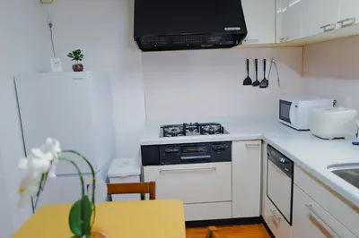 a small kitchen with a stove and a microwave at Akira Hiro House - Room102 in Tokyo