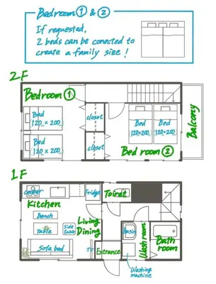 a floor plan and a drawing of a building at Amazing location Harajuku House Shibuya 8pepl 2BR in Tokyo