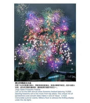 a poster of fireworks exploding in the sky at NDZ102 3 min walk to station, 2 lines, Yamanote Line, explore Tokyo, high-speed Wi-Fi in Tokyo