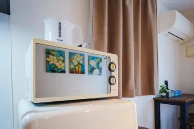 a tv sitting on top of a refrigerator at NDZ302 3 min walk to the station, 2 lines, Yamanote Line, explore Tokyo, high-speed Wi-Fi in Tokyo