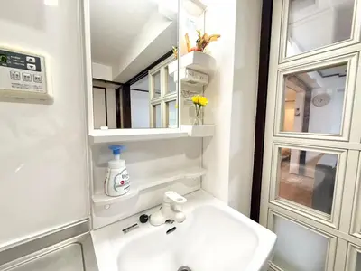 a bathroom with a white sink and a mirror at Shinjuku Waseda Bravo 1 in Tokyo