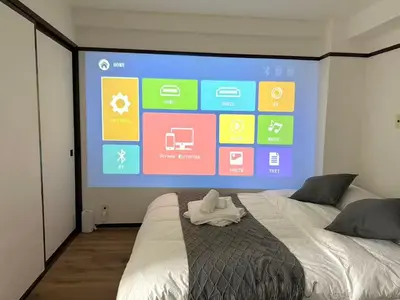 a large screen in a bedroom with a bed at Shinjuku Waseda B3 in Tokyo