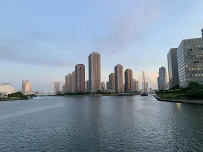 a view of a city with a river and buildings at Cozy 65m2 Apartment including 20m2 Loft for one month stay and longer in Tokyo