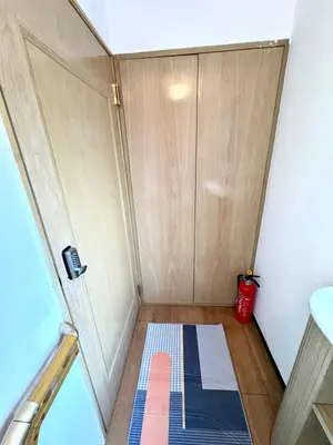 a small room with a shower and a rug at Asakusa Sakura-4F in Tokyo