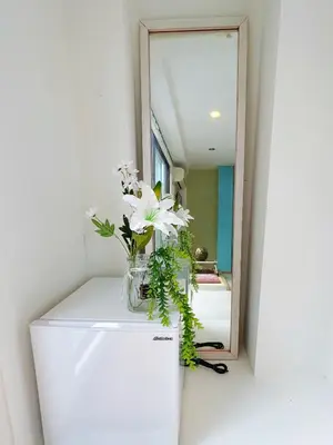 a vase of flowers on a refrigerator in front of a mirror at Asakusa Sakura-4F in Tokyo