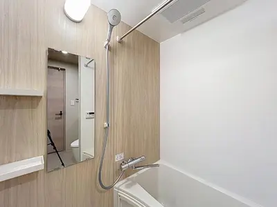 a bathroom with a shower with a sink and a mirror at Viento Ikebukuro in Tokyo