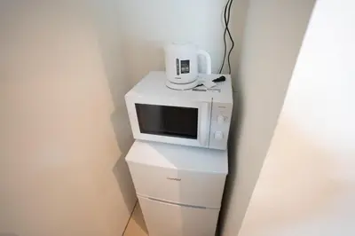 a white microwave sitting on top of a refrigerator at \u30ea\u30fc\u30ac\u30e9\u30f3\u30c9\u30d6\u30e9\u30f3\u5927\u585a in Tokyo