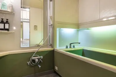 a green bathroom with a sink and a mirror at \u671f\u9593\u9650\u5b9a \u6d45\u8349\u6a4b3floor in Tokyo