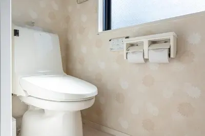 a bathroom with a toilet and two rolls of toilet paper at \u671f\u9593\u9650\u5b9a \u6d45\u8349\u6a4b4floor in Tokyo