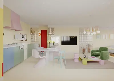 a kitchen and living room with a table and chairs at \u5bc5\u30db\u30c6\u30eb \u5fa1\u5f92\u753a Tora Hotel Okachimachi in Tokyo