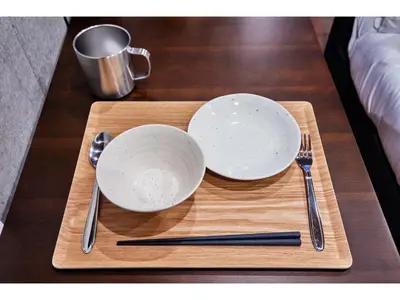 two white plates and utensils on a wooden tray at LIFE TOWN OSHIAGE - Vacation STAY 20461 in Tokyo