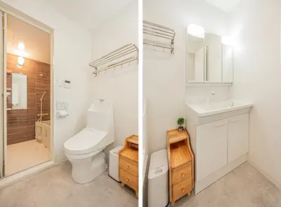 two images of a bathroom with a toilet and a sink at Diamond Mansion Apartment Hotel in Tokyo