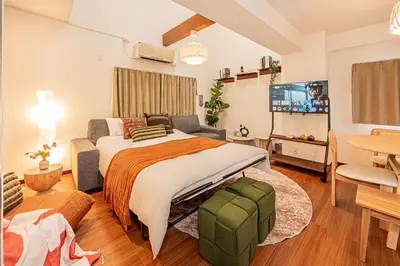 a bedroom with a bed and a tv in it at Mi-APT Kitashinjuku in Tokyo