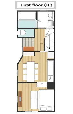 a floor plan of the first floor of a house at Ayame Inn, \u30a2\u30e4\u30e1\u30a4\u30f3, \u30b9\u30ab\u30a4\u30c4\u30ea\u30fc\u30a8\u30ea\u30a26\u5206, \u6d45\u8349\u307e\u306710\u5206, \u30ad\u30c3\u30ba\u30eb\u30fc\u30e0\u4ed8\u304d10\u540d\u69d8 in Tokyo