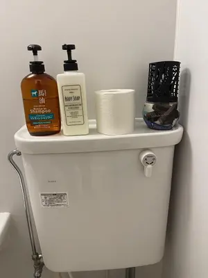 two bottles ofodorizers sit on top of a toilet at Shin-Okubo, Shinjuku's best central location, private bathroom and toilet in Tokyo