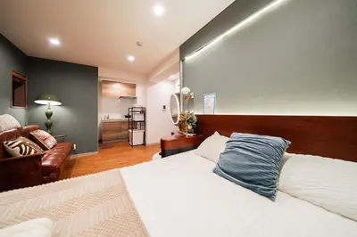 a bedroom with a large white bed and a couch at A1 Shibuya , 1 room, 7 mins to ST Max 2P \u6e0b\u8c37\u5168\u65b0\u88c5\u4fee \u4ea4\u901a\u4e2d\u5fc3 \u8f66\u7ad97\u5206\u949f \u6700\u59272\u4eba \u76f4\u8fbe\u65b0\u5bbf \u6d89\u8c37 \u8868\u53c2\u9053 \u54c1\u5ddd \u6c60\u888b \u4e0a\u91ce \u4ee3\u4ee3\u6728 \u94f6\u5ea7 \u539f\u5bbf in Tokyo