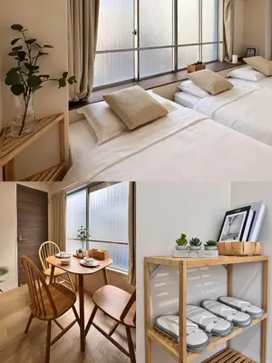 two pictures of a room with two beds and a table at Ikeda Ueno 201 Quad Room in Tokyo
