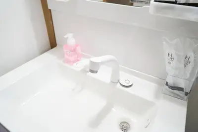a bathroom sink with a soap bottle on it at Yotsugi House \u56db\u30c4\u6728\u30cf\u30a6\u30b9 in Tokyo