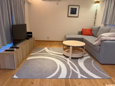 a living room with a couch and a tv at \u3080\u304f\u306e\u5bb6 \u6d66\u5b89 in Tokyo