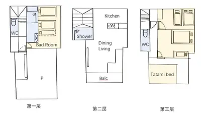 a floor plan of a house at Skytree House Oshiage New 3-story Villa, 2 Showers, 2 Toilets, 4 Rooms, 3 min walk to Oshiage Station in Tokyo