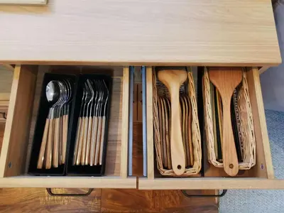 a wooden drawer filled with lots of utensils at LY-shinjuku-house SJ0432 in Tokyo