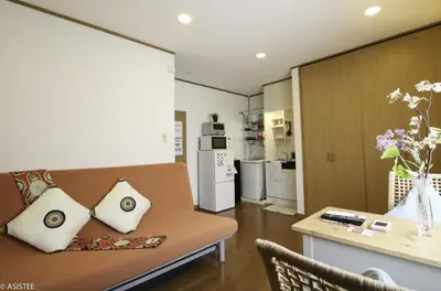 a living room with a couch with two pillows at Corpo HARU 101 - Vacation STAY 23522v in Tokyo