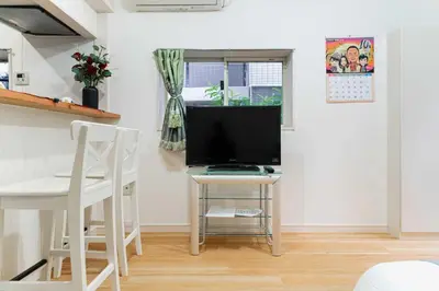 a living room with a television on a small table at Nine Lane Nippori II in Tokyo