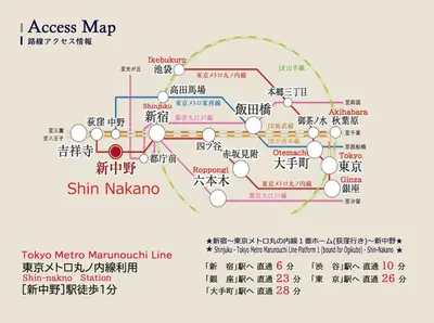 a map of the china masaiatown line at Shinjuku 5 min, Nakano station 1 min walk, 101 in Tokyo